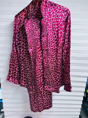 Nick & Nora Pink Heart-Print Satin Pajama Set